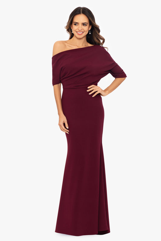 Betsy & Adam “Madeline” Scuba Crepe Off The Shoulder Dress - Bordeaux