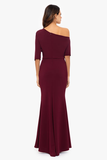 Betsy & Adam “Madeline” Scuba Crepe Off The Shoulder Dress - Bordeaux
