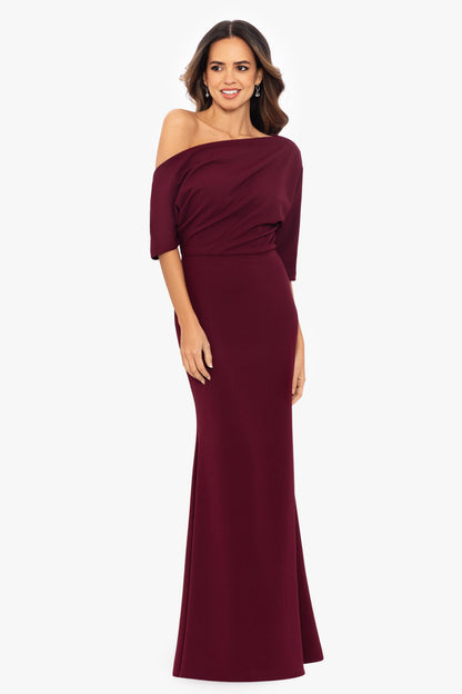 Betsy & Adam “Madeline” Scuba Crepe Off The Shoulder Dress - Bordeaux