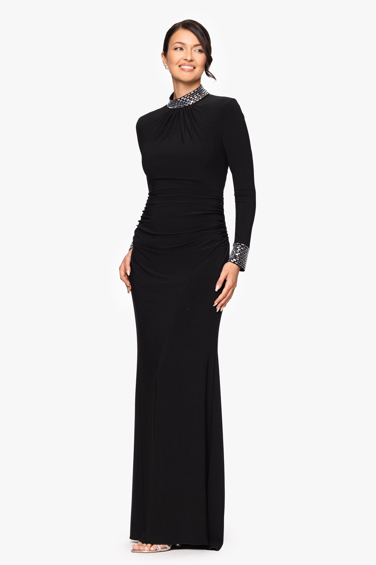Betsy & Adam Petite "Imani" Jersey Knit Long Sleeve Beaded Mock Neck Dress - Black/Silver