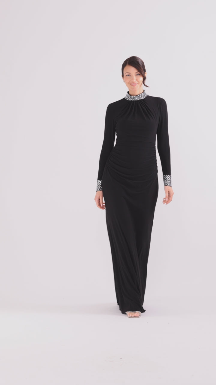 Betsy & Adam Petite "Imani" Jersey Knit Long Sleeve Beaded Mock Neck Dress - Black/Silver