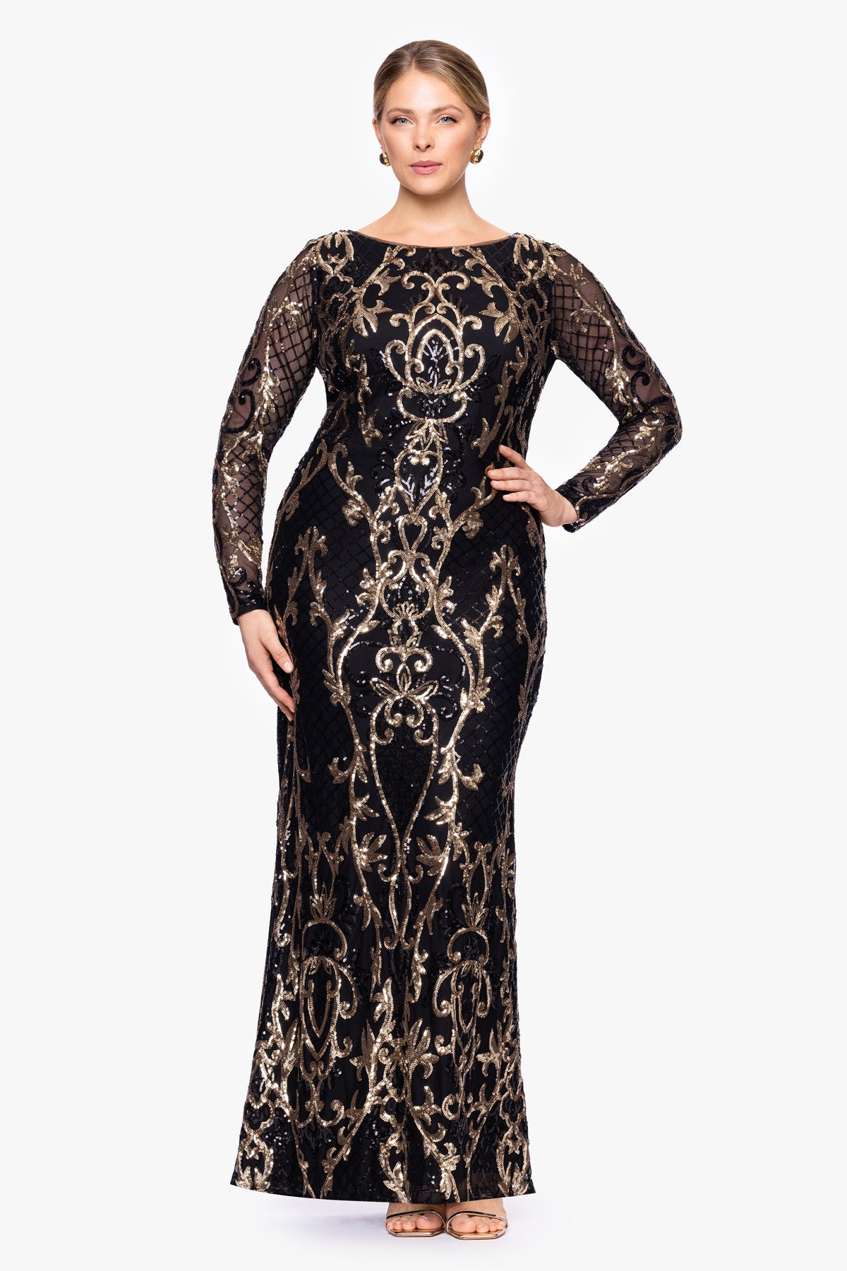 Betsy & Adam Plus "Sawyer" Sequin Long Sleeve Dress - Black/Gold