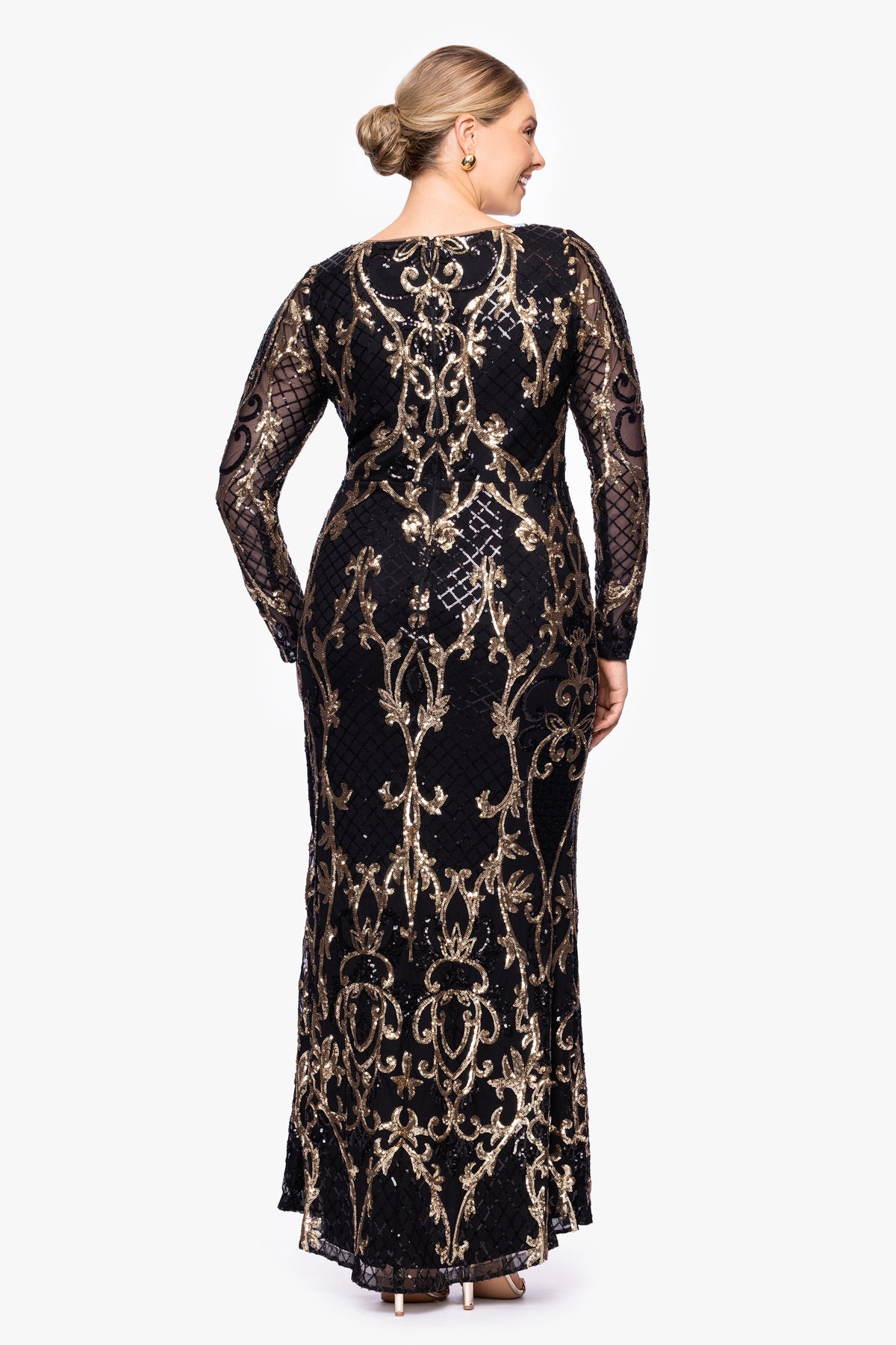 Betsy & Adam Plus "Sawyer" Sequin Long Sleeve Dress - Black/Gold
