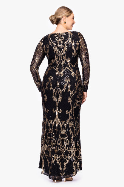 Betsy & Adam Plus "Sawyer" Sequin Long Sleeve Dress - Black/Gold