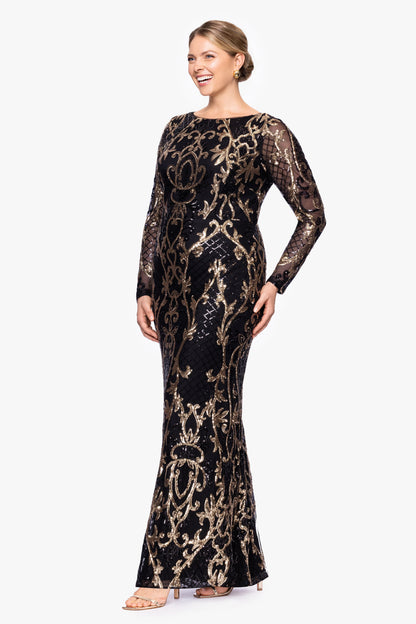Betsy & Adam Plus "Sawyer" Sequin Long Sleeve Dress - Black/Gold