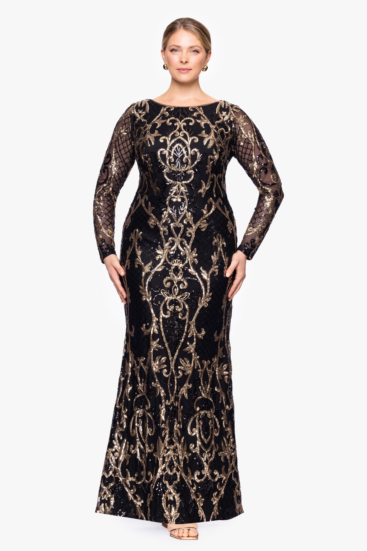 Betsy & Adam Plus "Sawyer" Sequin Long Sleeve Dress - Black/Gold