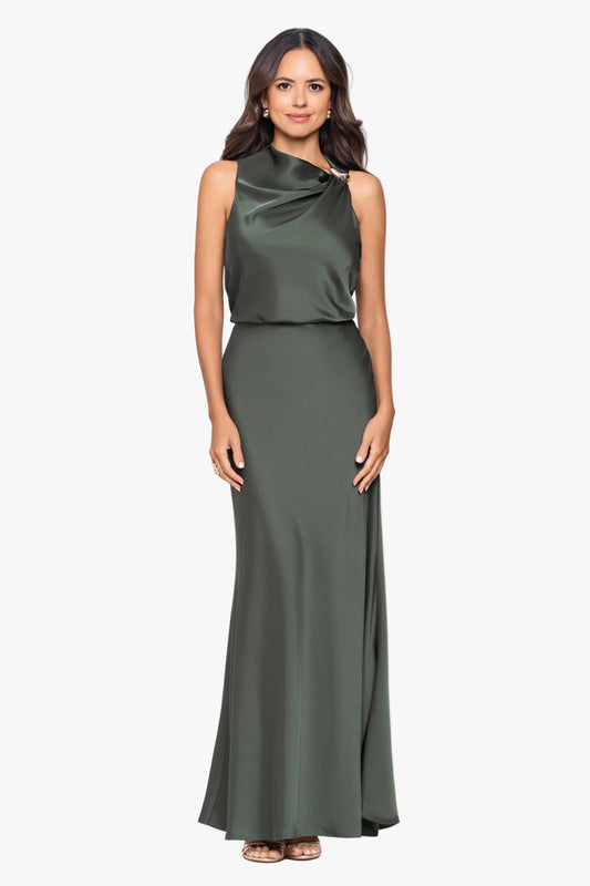 Betsy & Adam Petite "Colette" Satin Ruched Trim Dress - Hunter