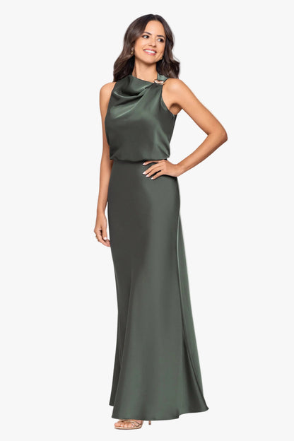Betsy & Adam Petite "Colette" Satin Ruched Trim Dress - Hunter