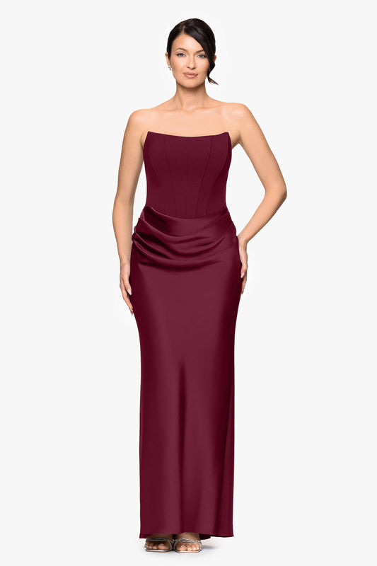 Betsy & Adam "Debra" Scuba Crepe & Satin Strapless Dress - Wine