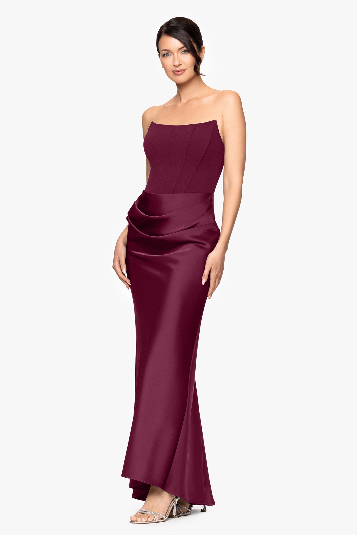 Betsy & Adam "Debra" Scuba Crepe & Satin Strapless Dress - Wine
