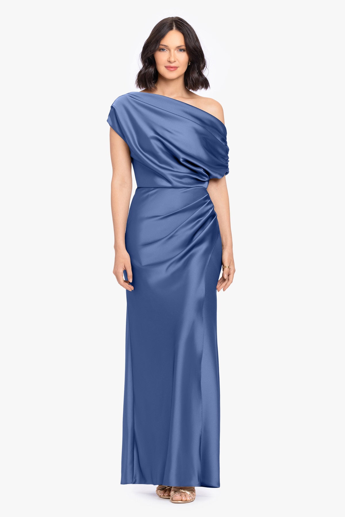 Betsy & Adam “Hailey” Double Faced Satin Off The Shoulder Ruched Dress - Slate