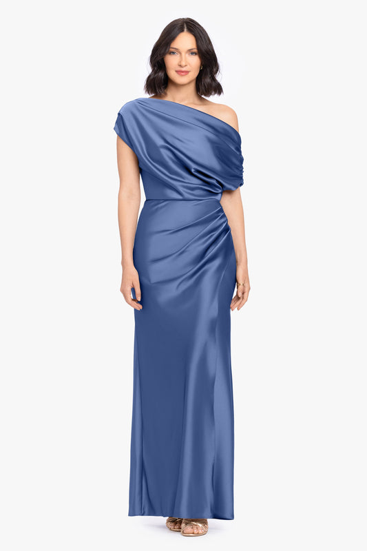 Betsy & Adam “Hailey” Double Faced Satin Off The Shoulder Ruched Dress - Slate