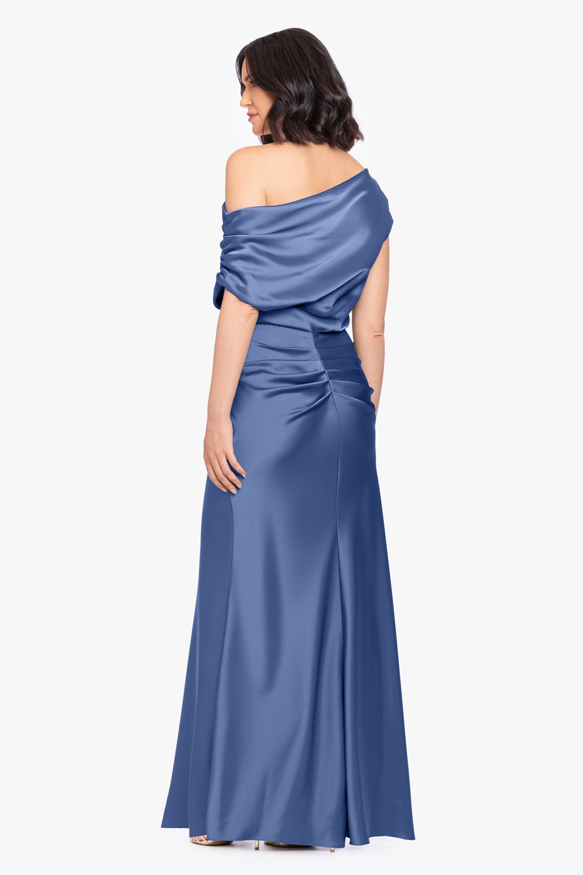 Betsy & Adam “Hailey” Double Faced Satin Off The Shoulder Ruched Dress - Slate