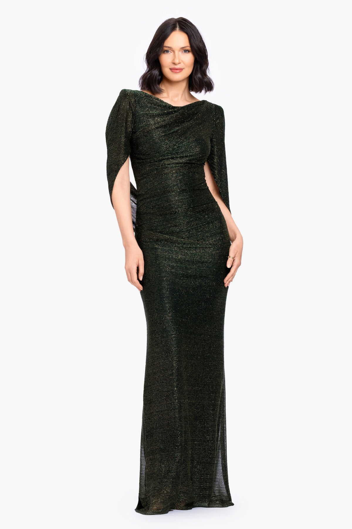 Betsy & Adam Petite "Marisol" Crinkle Droop Back Dress - Green/Gold