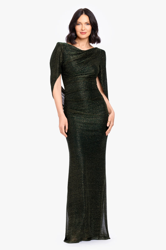 Betsy & Adam Petite "Marisol" Crinkle Droop Back Dress - Green/Gold