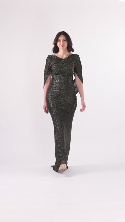 Betsy & Adam Petite "Marisol" Crinkle Droop Back Dress - Green/Gold