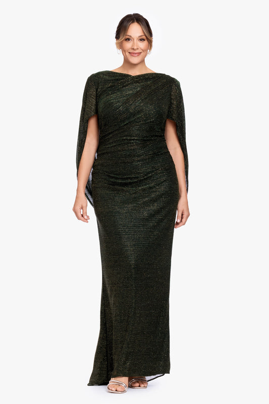 Betsy & Adam Plus "Marisol" Crinkle Droop Back Dress - Green/Gold