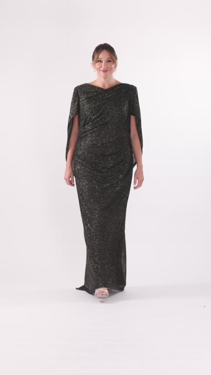 Betsy & Adam Plus "Marisol" Crinkle Droop Back Dress - Green/Gold