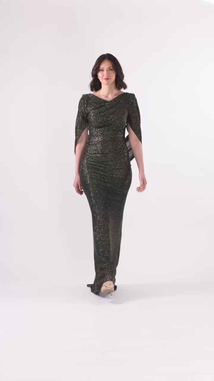 Betsy & Adam "Marisol" Crinkle Droop Back Dress - Green/Gold