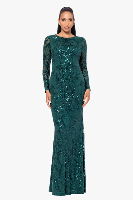 Betsy & Adam "Nara" Placement Sequin Long Sleeve Dress - Emerald