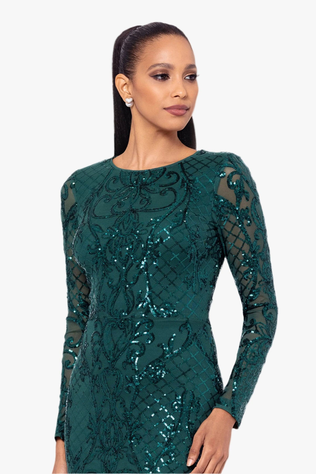 Betsy & Adam "Nara" Placement Sequin Long Sleeve Dress - Emerald