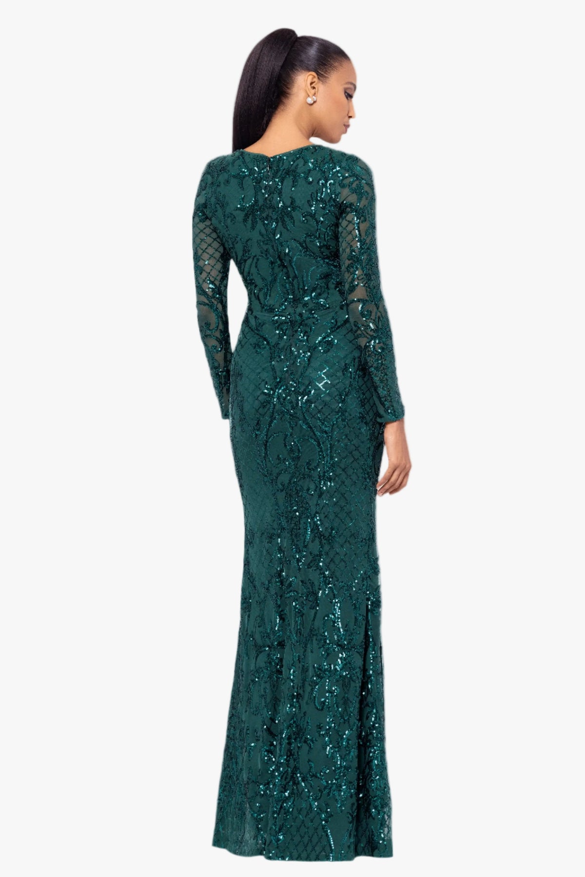Betsy & Adam "Nara" Placement Sequin Long Sleeve Dress - Emerald