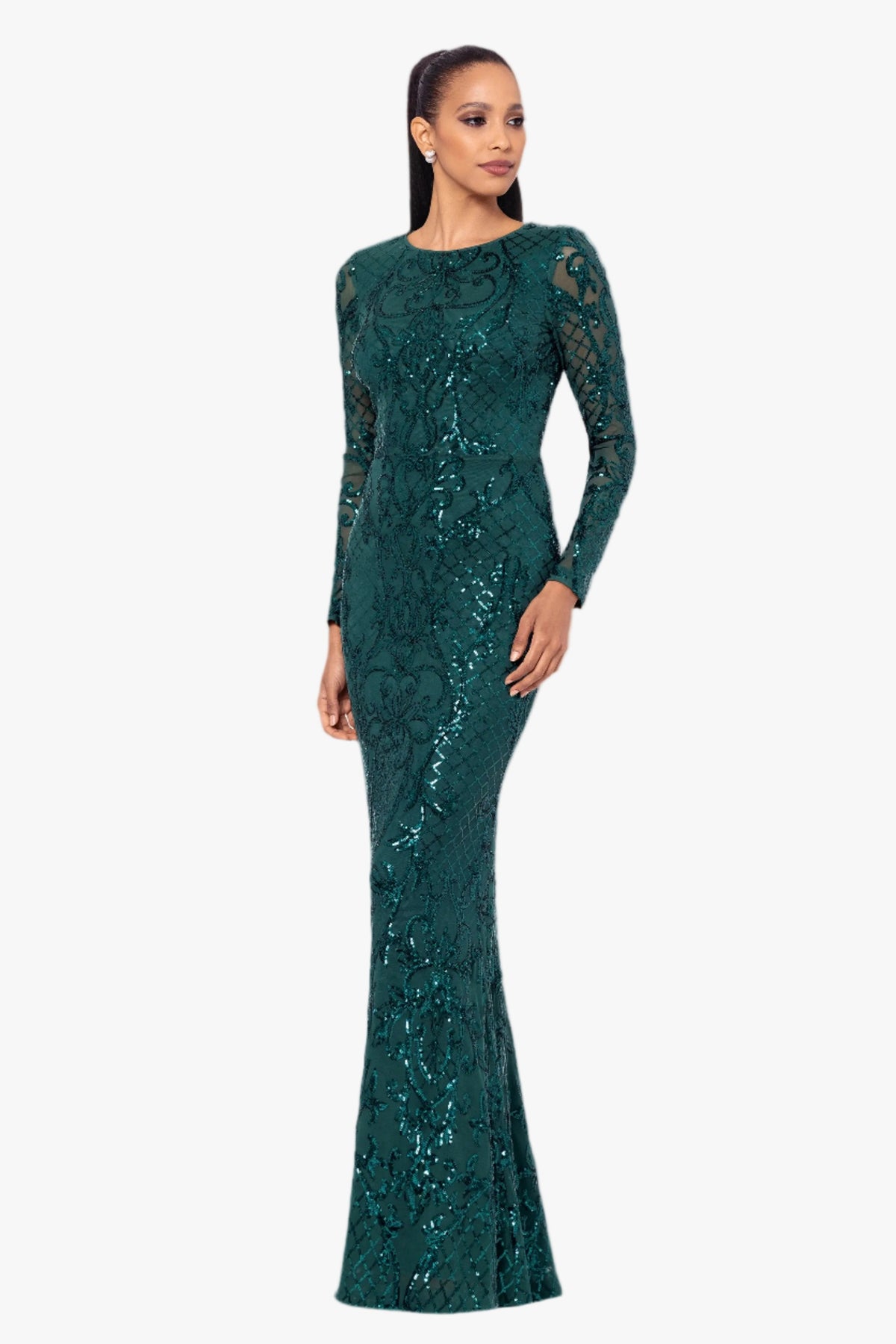 Betsy & Adam "Nara" Placement Sequin Long Sleeve Dress - Emerald