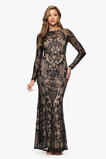 Betsy & Adam "Lorraine" Placement Sequin Long Sleeve Dress - Black/Nude