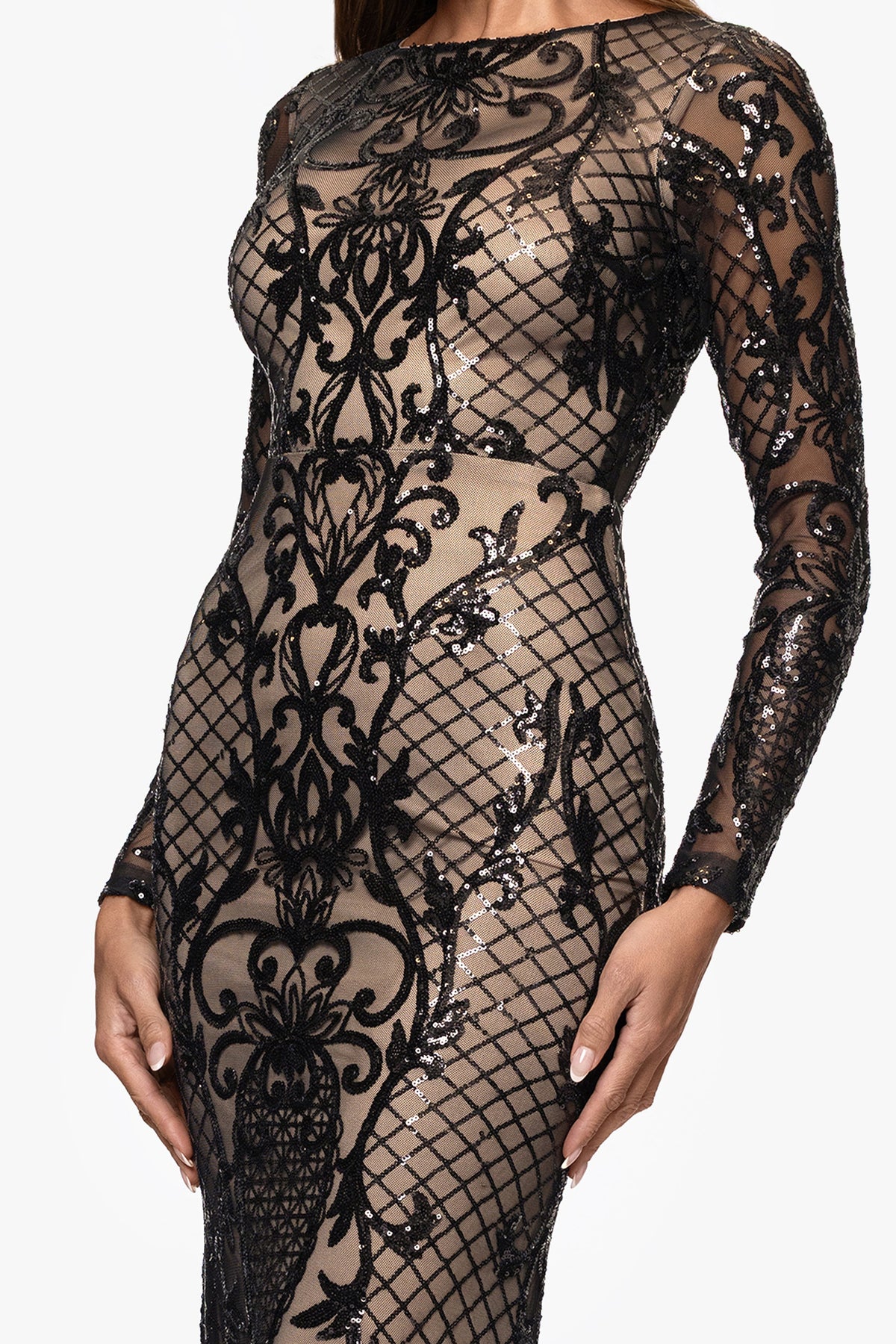 Betsy & Adam "Lorraine" Placement Sequin Long Sleeve Dress - Black/Nude
