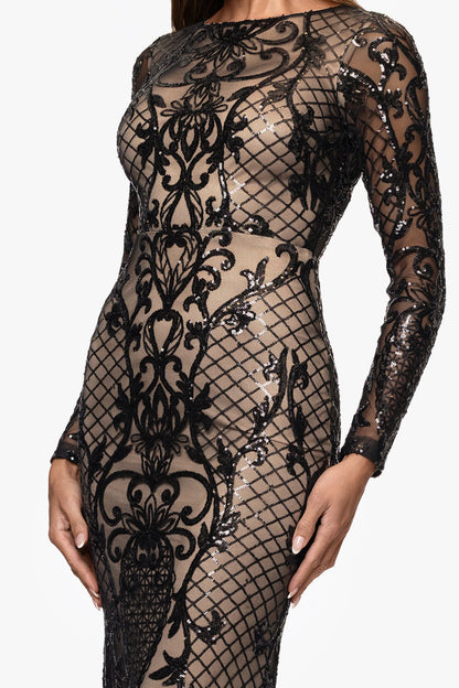 Betsy & Adam "Lorraine" Placement Sequin Long Sleeve Dress - Black/Nude
