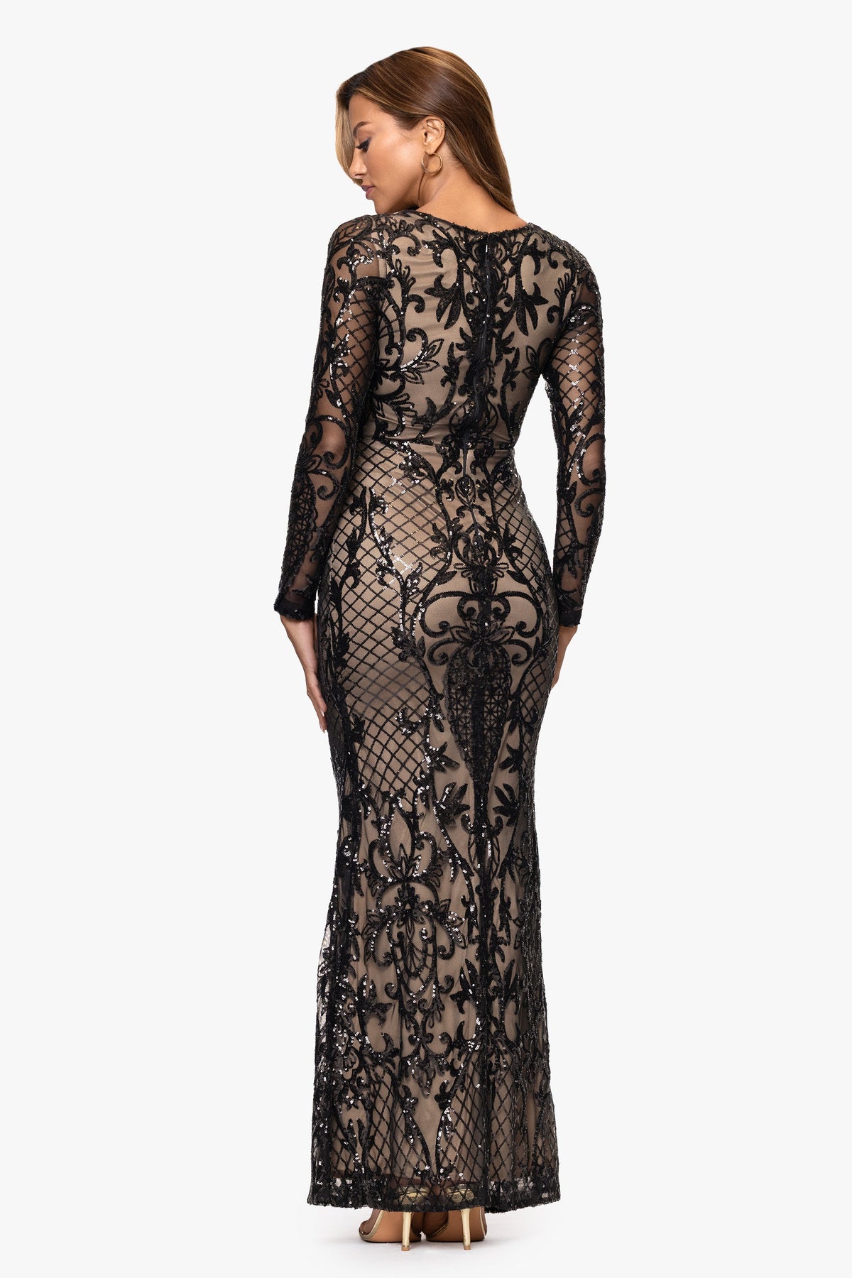 Betsy & Adam "Lorraine" Placement Sequin Long Sleeve Dress - Black/Nude