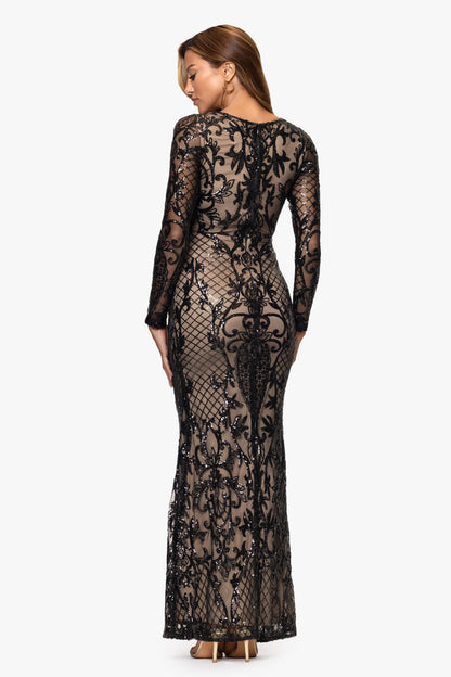 Betsy & Adam "Lorraine" Placement Sequin Long Sleeve Dress - Black/Nude