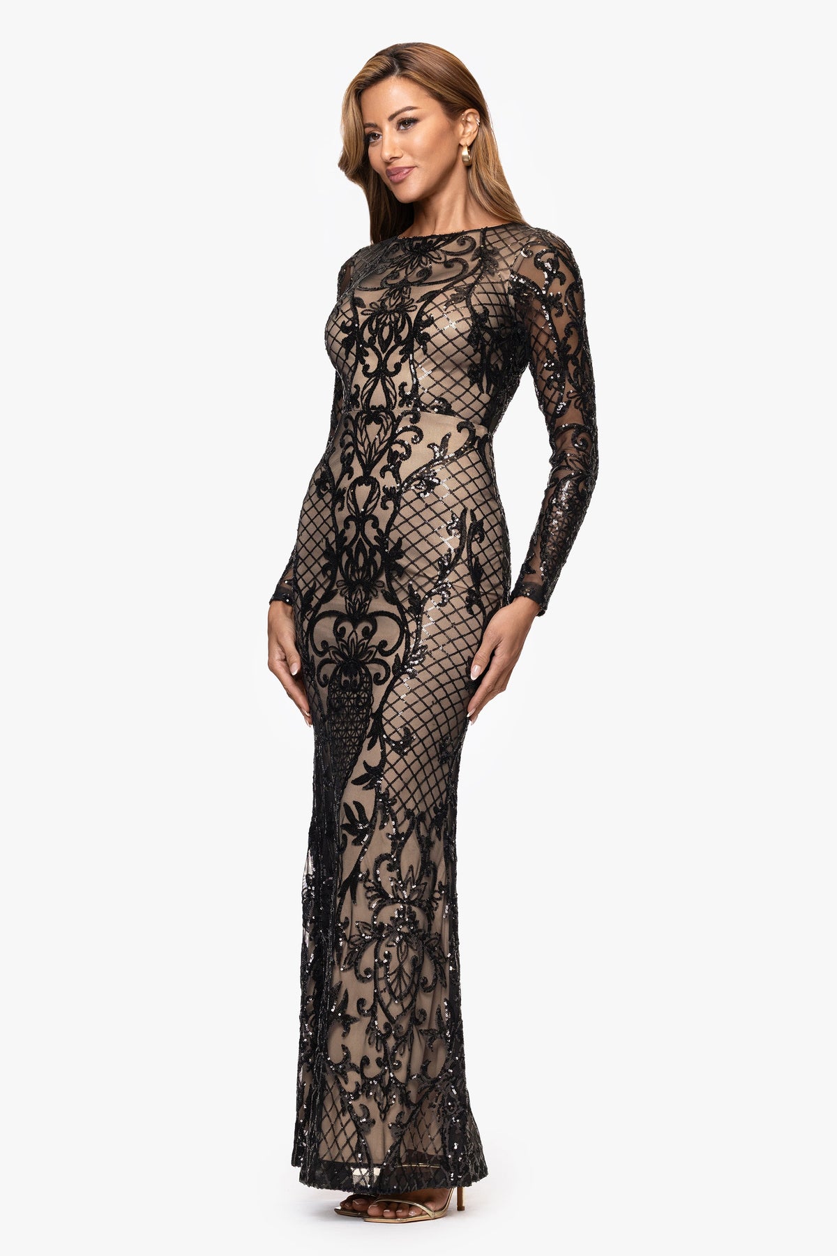Betsy & Adam "Lorraine" Placement Sequin Long Sleeve Dress - Black/Nude