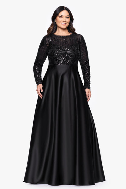 Betsy & Adam Plus "Vanessa" Sequin Long Sleeve A-Line Ballgown - Black