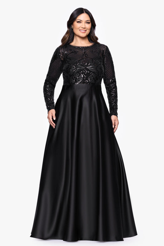 Betsy & Adam Plus "Vanessa" Sequin Long Sleeve A-Line Ballgown - Black