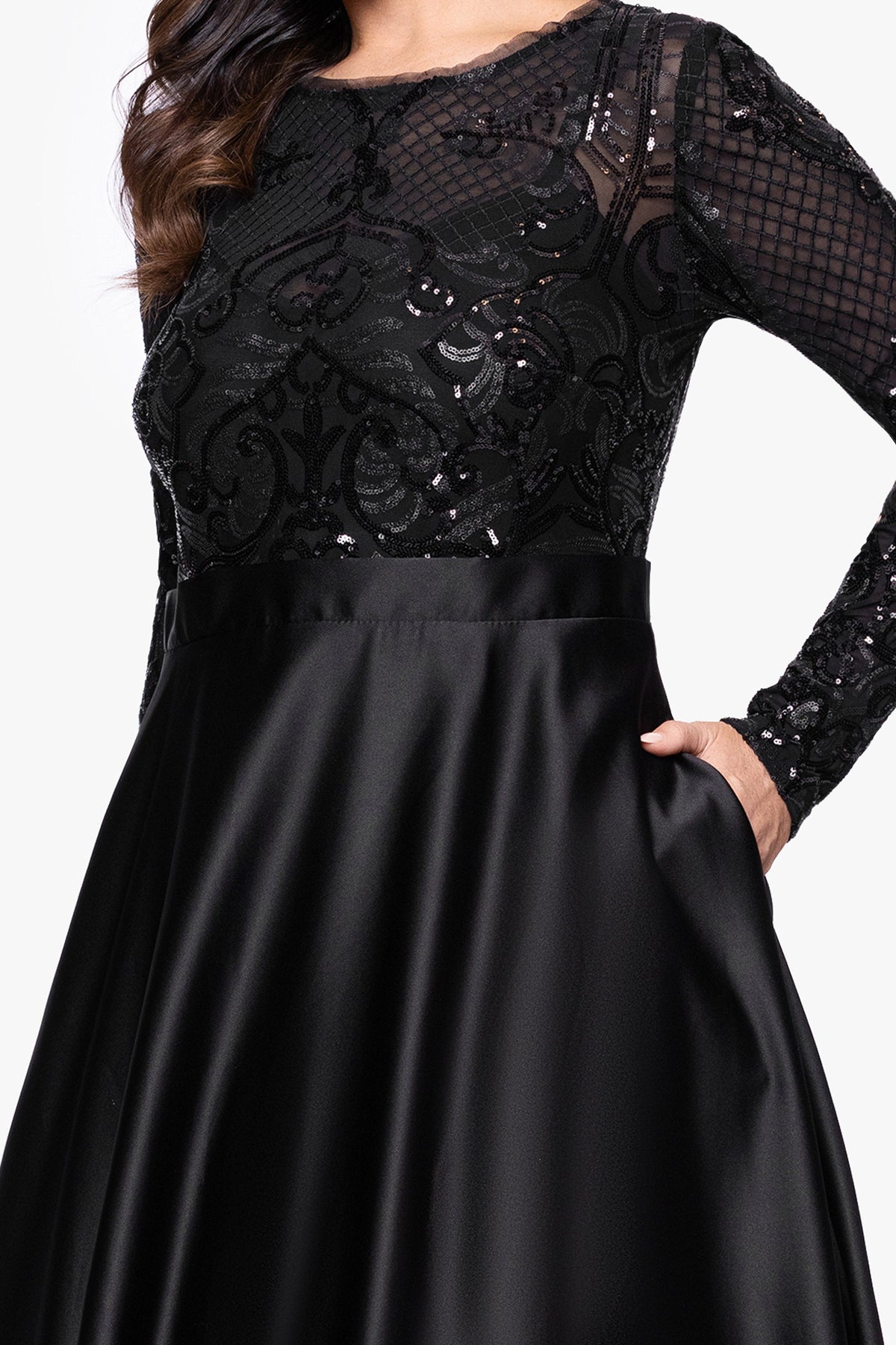 Betsy & Adam Plus "Vanessa" Sequin Long Sleeve A-Line Ballgown - Black