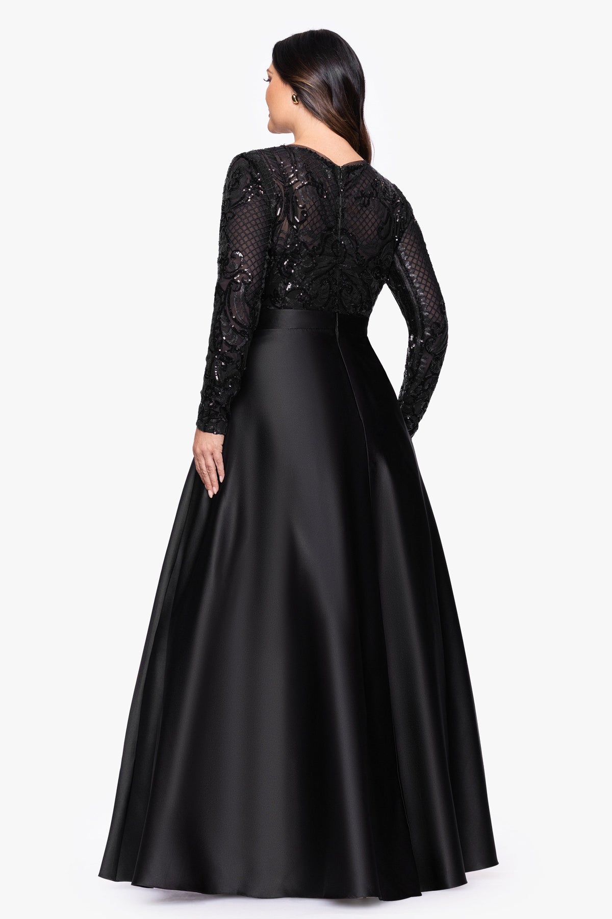 Betsy & Adam Plus "Vanessa" Sequin Long Sleeve A-Line Ballgown - Black