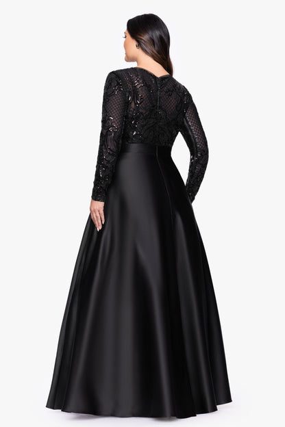 Betsy & Adam Plus "Vanessa" Sequin Long Sleeve A-Line Ballgown - Black