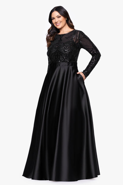Betsy & Adam Plus "Vanessa" Sequin Long Sleeve A-Line Ballgown - Black