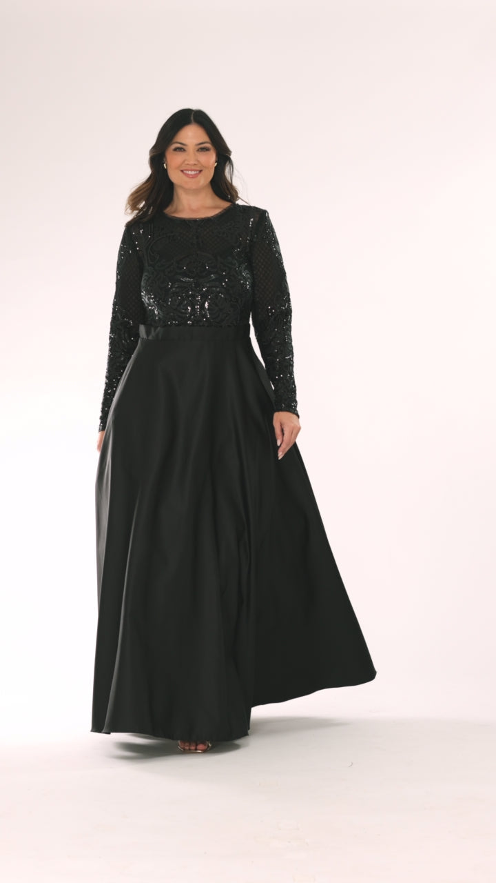 Betsy & Adam Plus "Vanessa" Sequin Long Sleeve A-Line Ballgown - Black