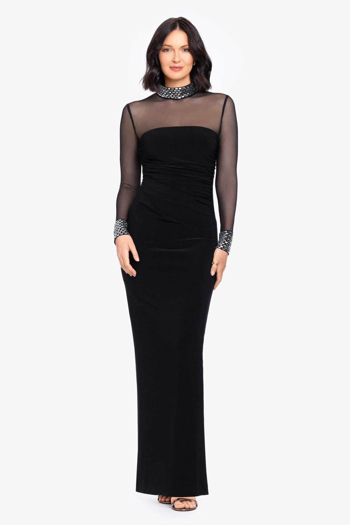 Betsy & Adam "Posie" Jersey Knit & Mesh Beaded Top Dress - Black/Silver