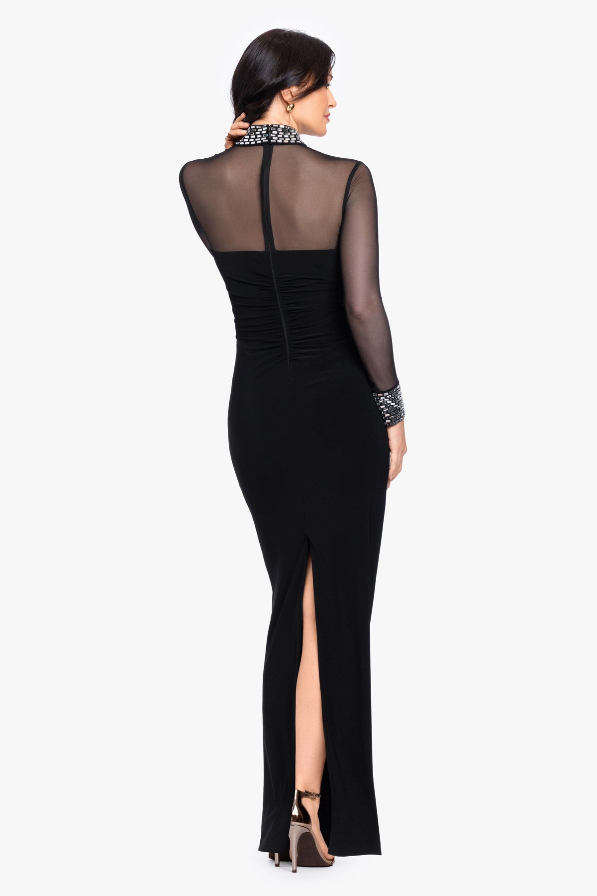 Betsy & Adam "Posie" Jersey Knit & Mesh Beaded Top Dress - Black/Silver