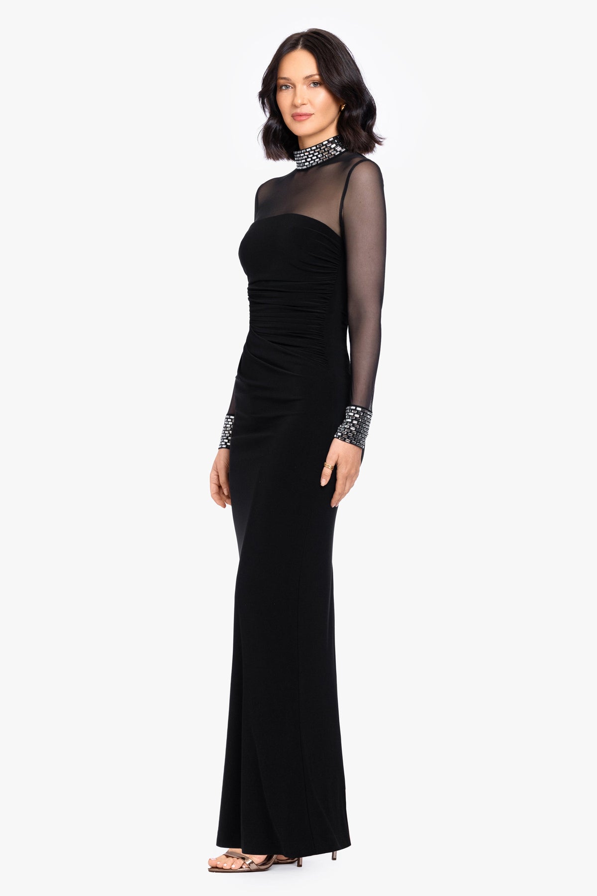 Betsy & Adam "Posie" Jersey Knit & Mesh Beaded Top Dress - Black/Silver
