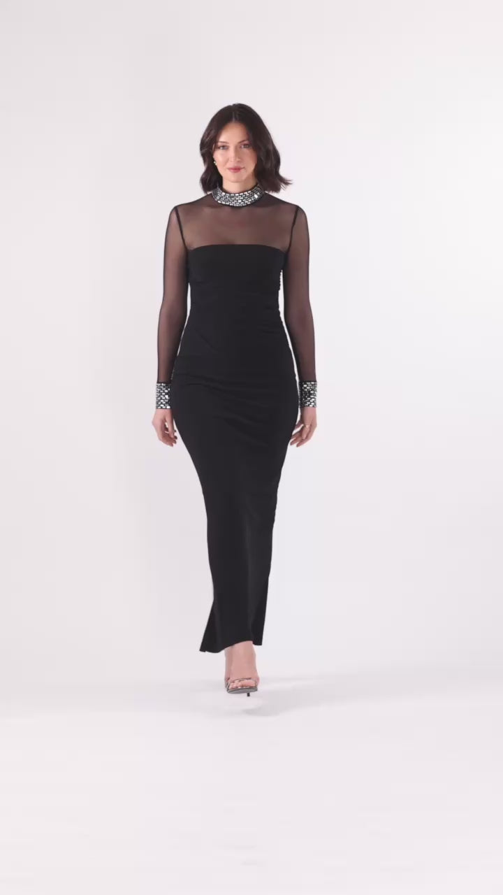 Betsy & Adam "Posie" Jersey Knit & Mesh Beaded Top Dress - Black/Silver