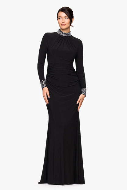 Betsy & Adam "Imani" Jersey Knit Long Sleeve Beaded Mock Neck Floor Length Dress - Black/Silver