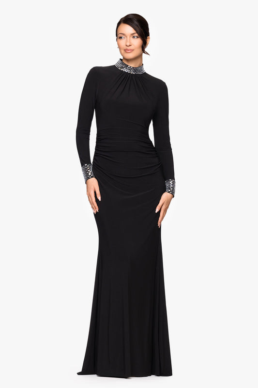 Betsy & Adam "Imani" Jersey Knit Long Sleeve Beaded Mock Neck Floor Length Dress - Black/Silver