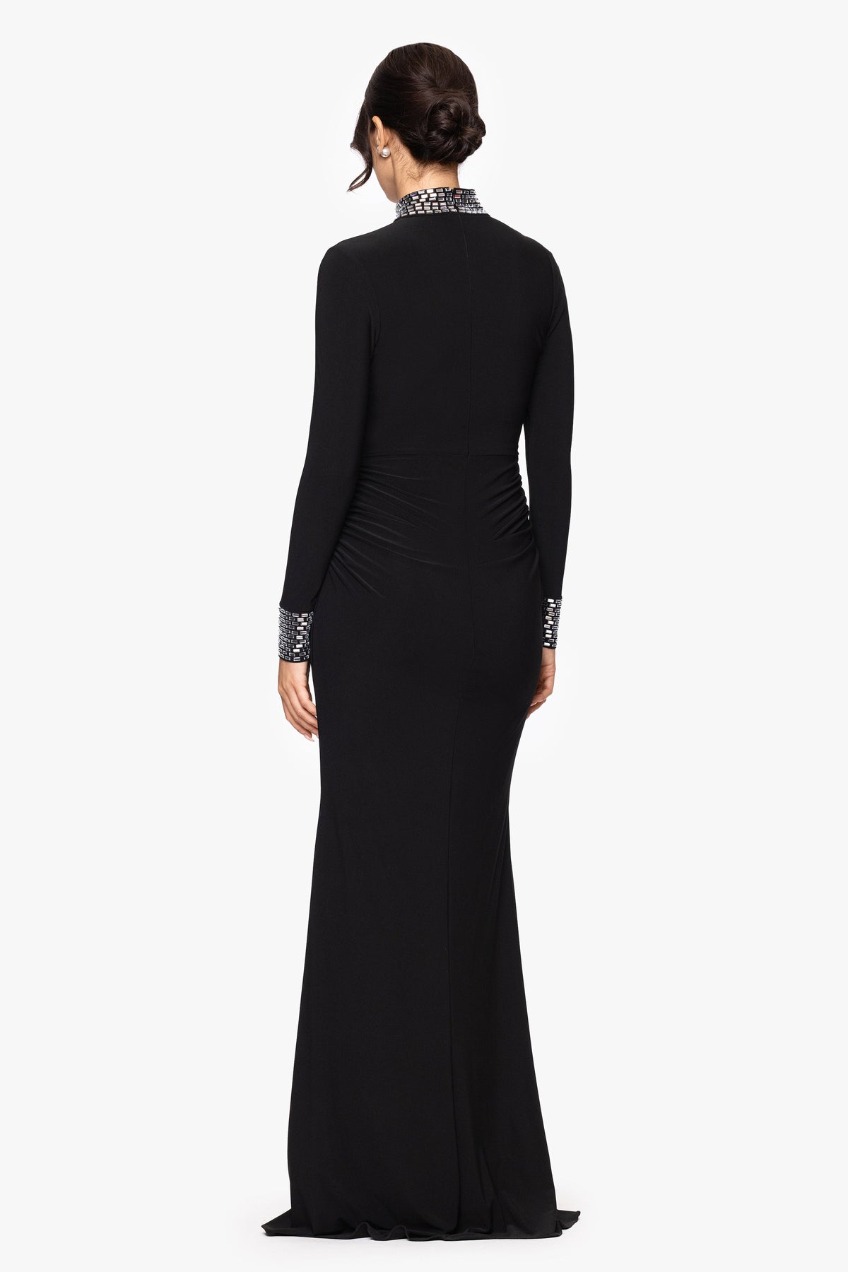 Betsy & Adam "Imani" Jersey Knit Long Sleeve Beaded Mock Neck Floor Length Dress - Black/Silver