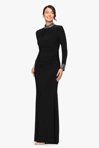 Betsy & Adam "Imani" Jersey Knit Long Sleeve Beaded Mock Neck Floor Length Dress - Black/Silver