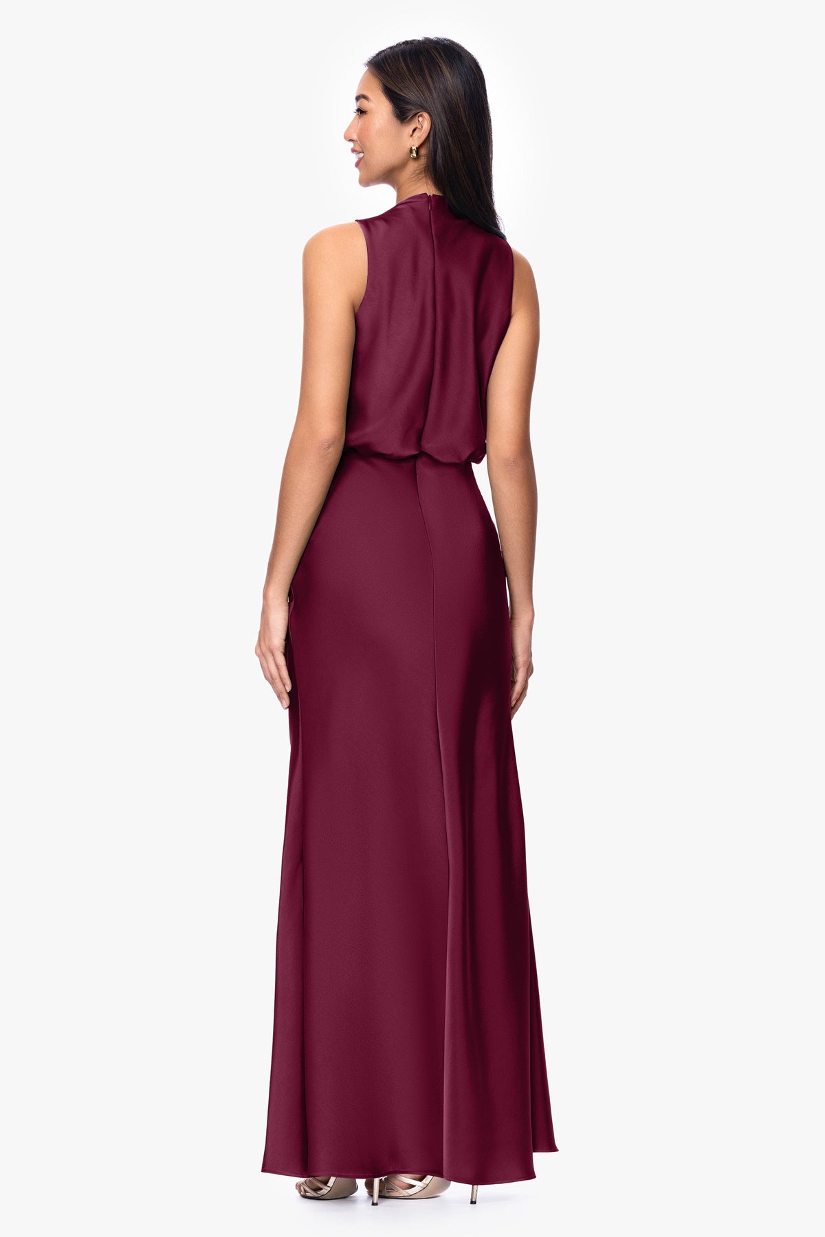 Betsy & Adam "Colette" Satin Ruched Trim Dress - Wine