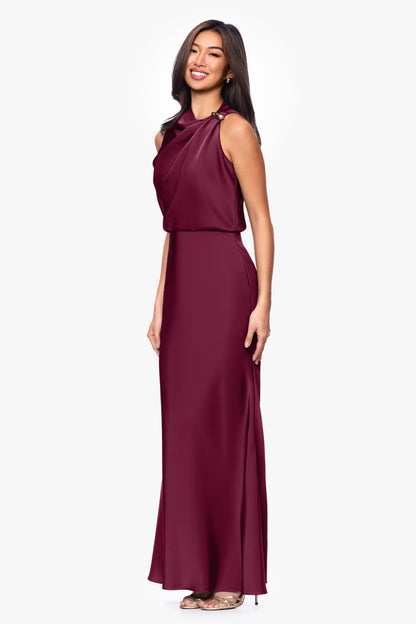 Betsy & Adam "Colette" Satin Ruched Trim Dress - Wine